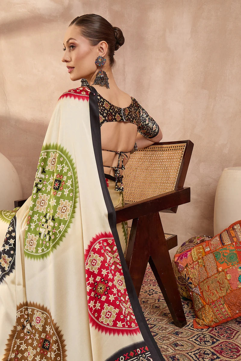 Ivory Cream Modal Silk Saree with Patola-Inspired Multicolor Print &amp; Black Designer Pallu | Festive &amp; Traditional Wear Saree
