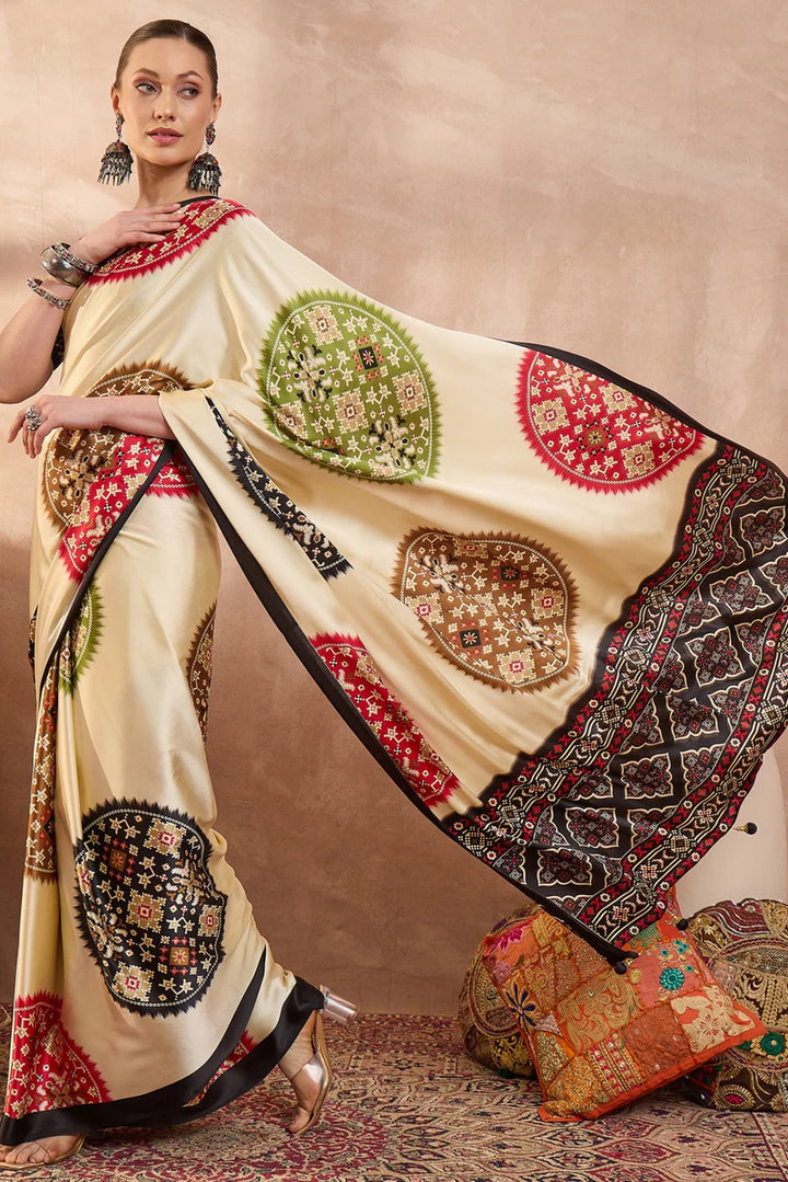 Ivory Cream Modal Silk Saree with Patola-Inspired Multicolor Print &amp; Black Designer Pallu | Festive &amp; Traditional Wear Saree