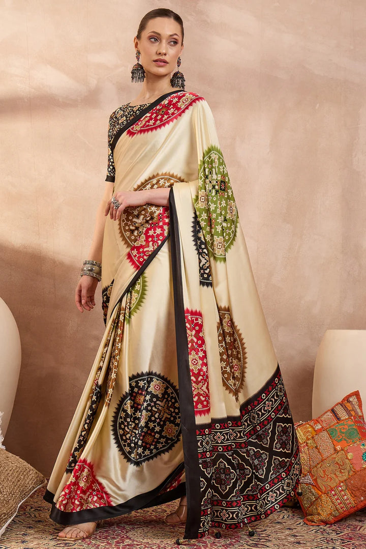 Ivory Cream Modal Silk Saree with Patola-Inspired Multicolor Print &amp; Black Designer Pallu | Festive &amp; Traditional Wear Saree