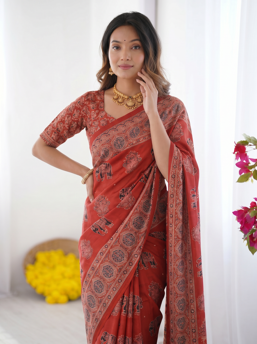 Rust Red Modal Silk Saree with Elephant Motif Ajrakh Print &amp; Designer Pallu | Traditional Ethnic Festive Wear Saree