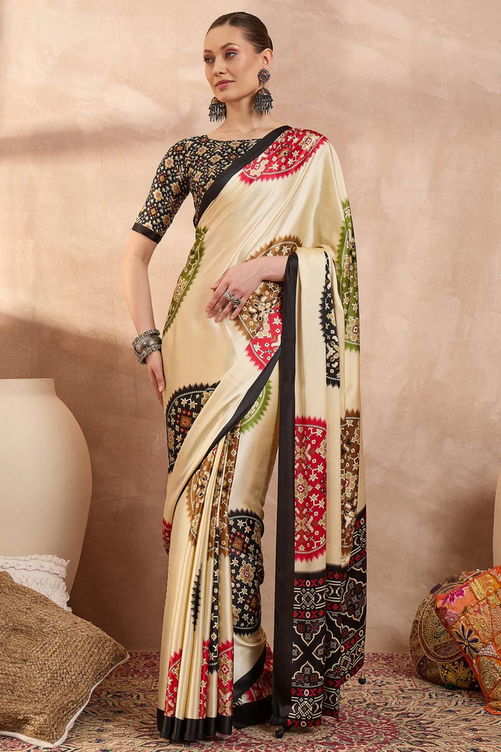 Ivory Cream Modal Silk Saree with Patola-Inspired Multicolor Print &amp; Black Designer Pallu | Festive &amp; Traditional Wear Saree