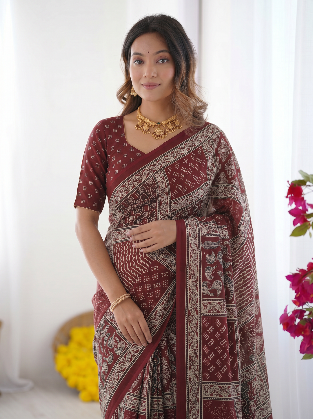 Maroon Modal Silk Saree with Tribal &amp; Geometric Print | Designer Ethnic Pallu Saree for Festive &amp; Cultural Wear