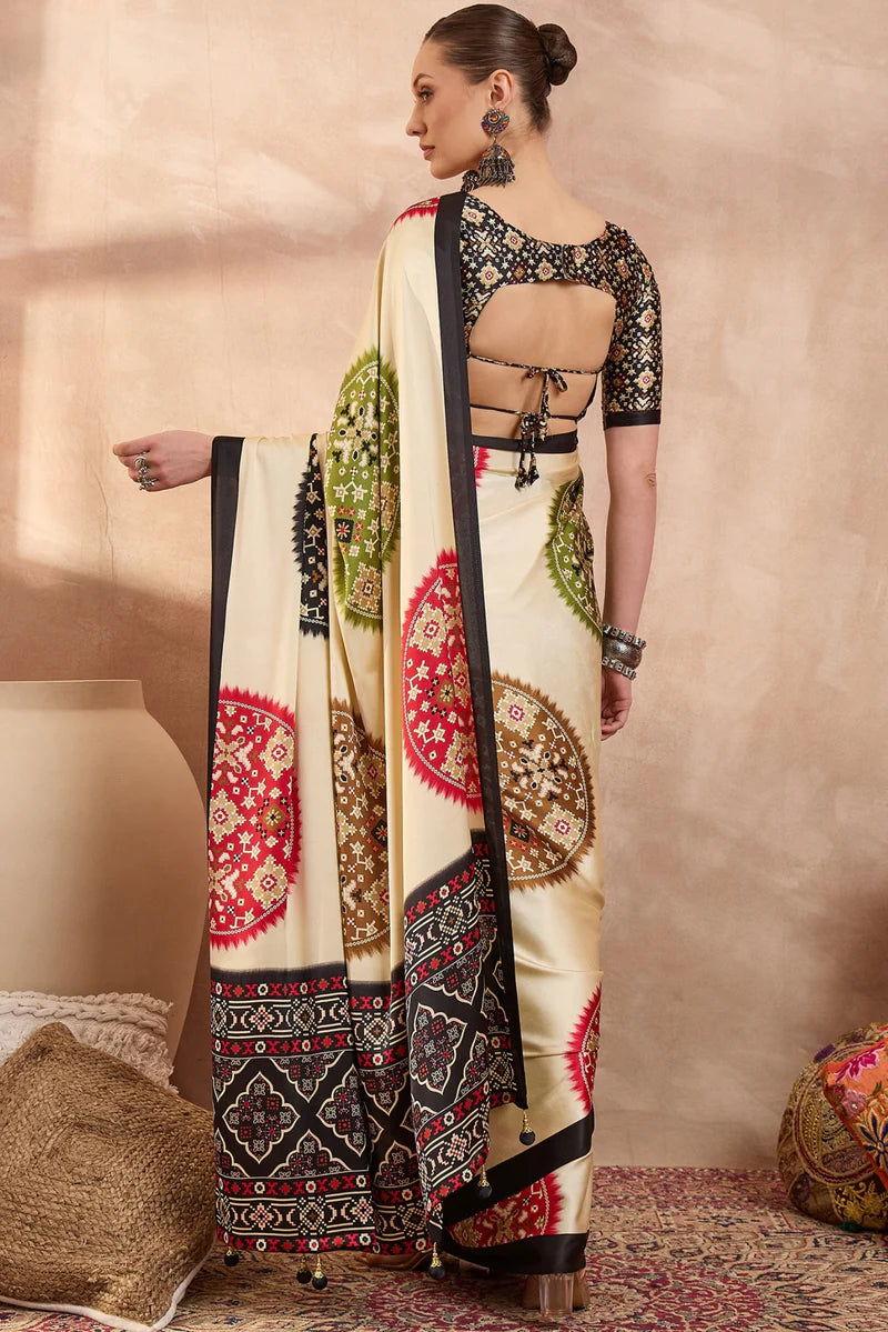 Ivory Cream Modal Silk Saree with Patola-Inspired Multicolor Print &amp; Black Designer Pallu | Festive &amp; Traditional Wear Saree