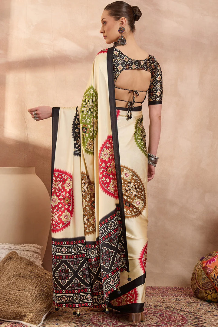 Ivory Cream Modal Silk Saree with Patola-Inspired Multicolor Print &amp; Black Designer Pallu | Festive &amp; Traditional Wear Saree