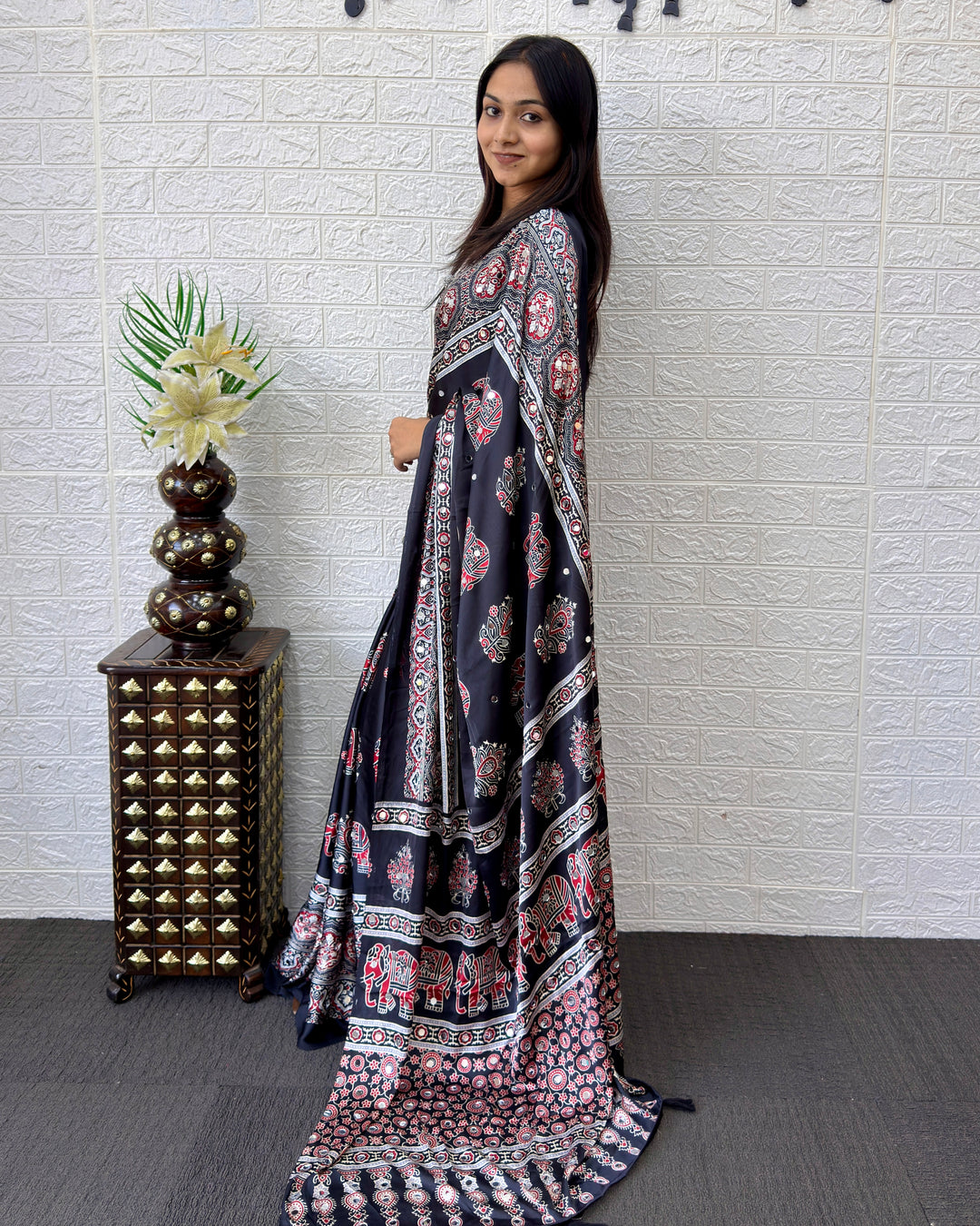 Black Modal Silk Saree with Elephant Motif Ajrakh Print &amp; Heritage Designer Pallu | Traditional Festive Wear Saree