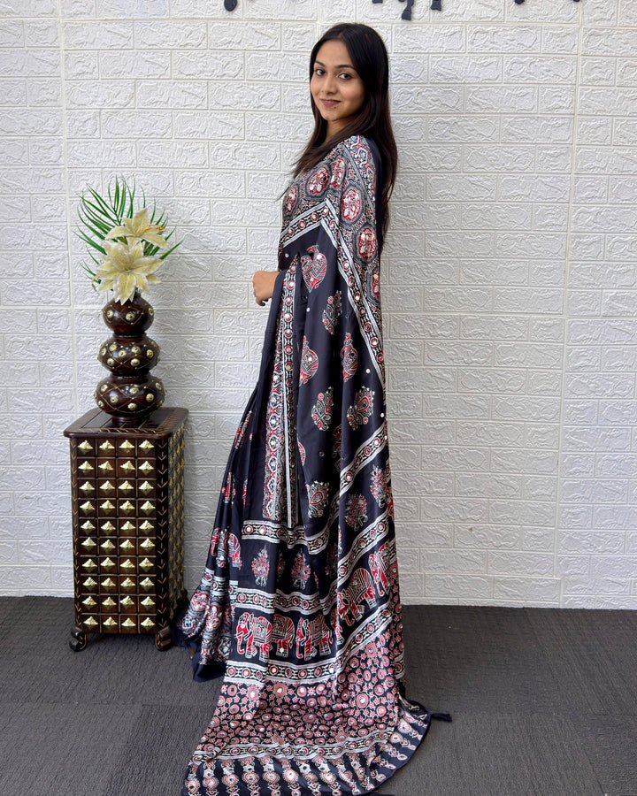 Black Modal Silk Saree with Elephant Motif Ajrakh Print &amp; Heritage Designer Pallu | Traditional Festive Wear Saree