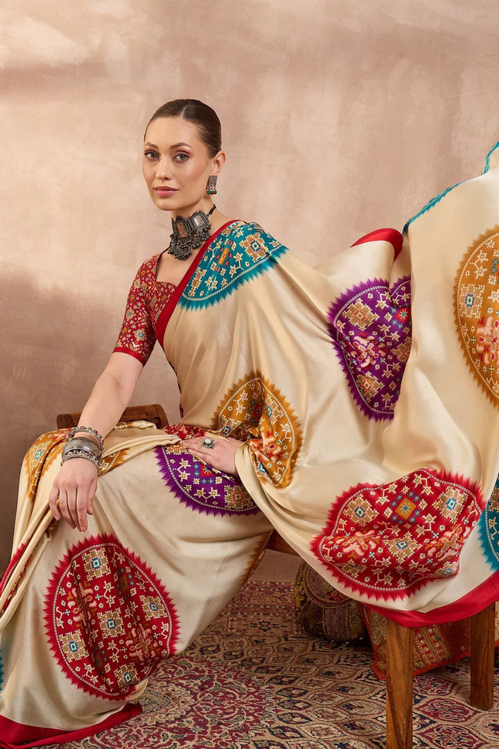 Cream Modal Silk Saree with Multicolor Patola-Inspired Print &amp; Ruby Red Border | Designer Festive Wear Saree