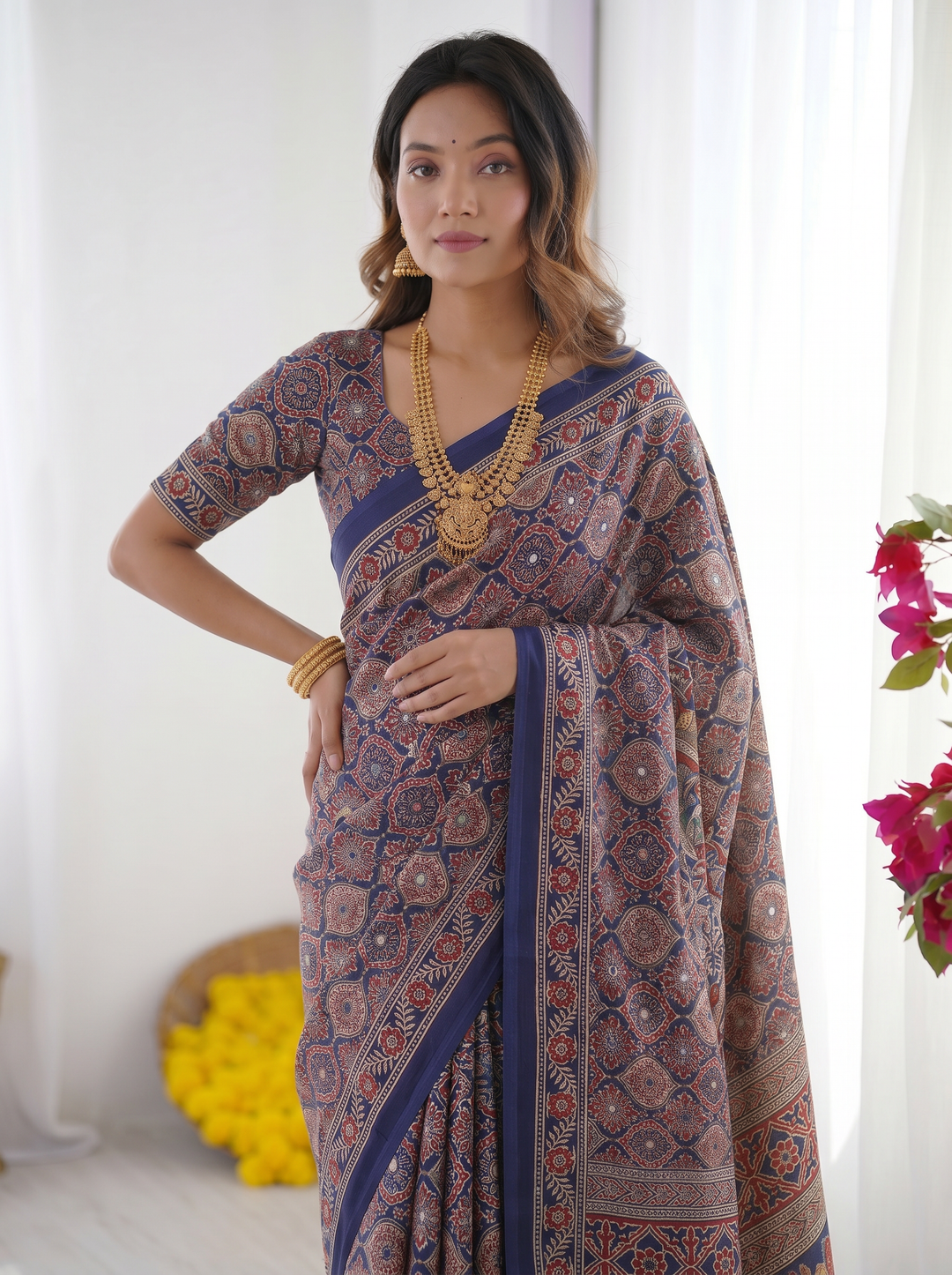 Royal Blue Modal Silk Saree with Intricate Ajrakh-Inspired Geometric Prints, Peacock Artistic Pallu &amp; Traditional Border