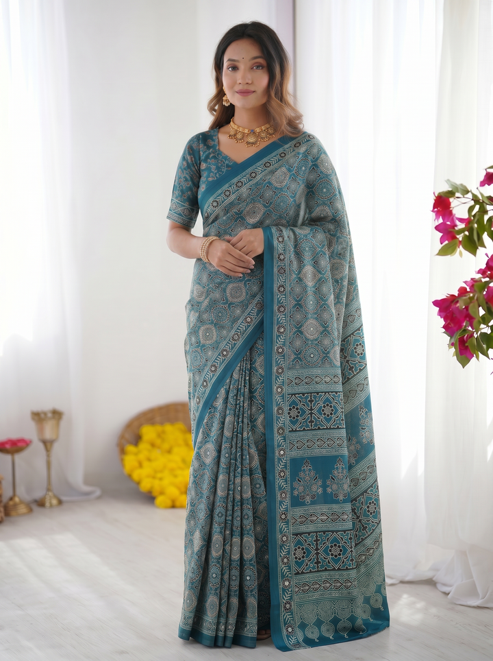 Teal Blue Modal Silk Saree with Heritage Geometric Motifs, Intricate Printed Border &amp; Traditional Designer Pallu