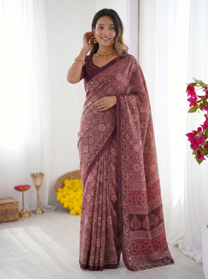 Dusty Mauve Modal Silk Saree with Intricate Heritage Geometric Prints, Traditional Designer Border &amp; Rich Artistic Pallu