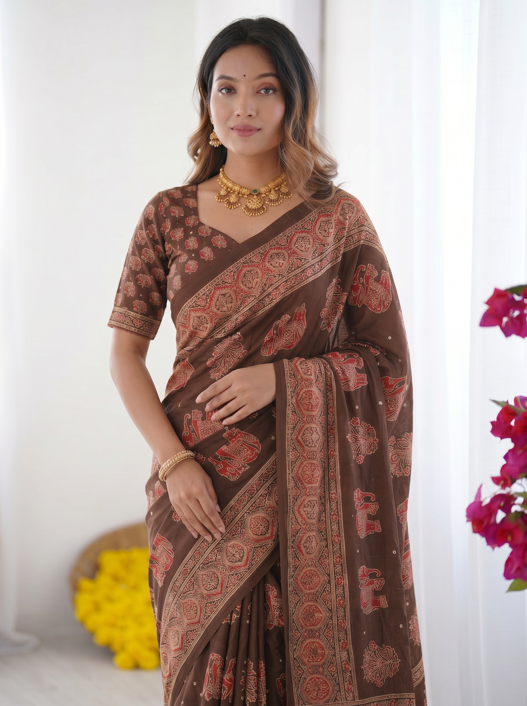 Chocolate Brown Modal Silk Saree with Elephant Motif Heritage Print &amp; Designer Pallu | Traditional Festive Wear Saree