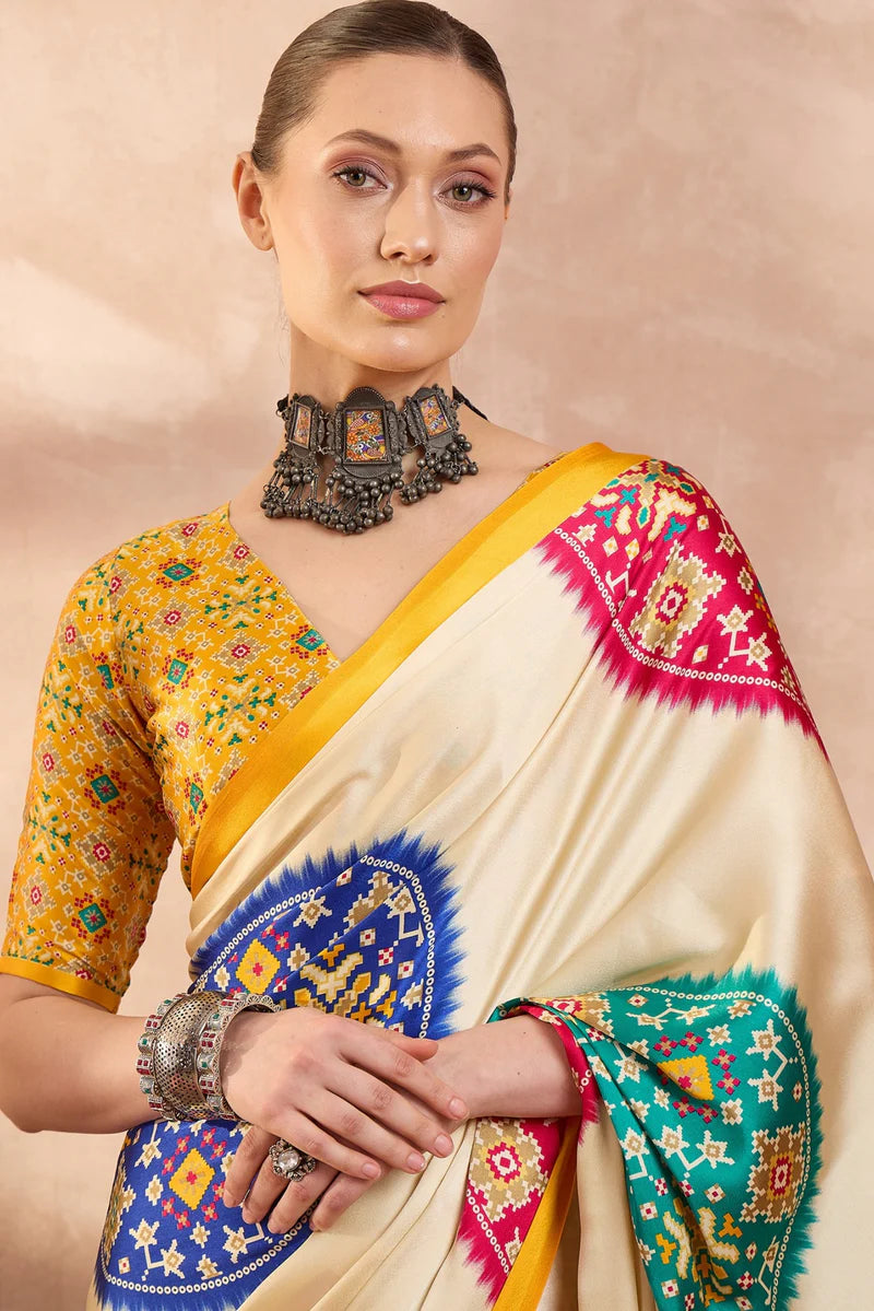 Ivory Cream Modal Silk Saree with Patola-Inspired Multicolor Print &amp; Mustard Designer Pallu | Festive &amp; Traditional Wear Saree