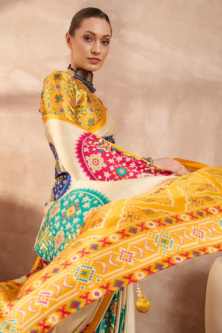 Ivory Cream Modal Silk Saree with Patola-Inspired Multicolor Print &amp; Mustard Designer Pallu | Festive &amp; Traditional Wear Saree
