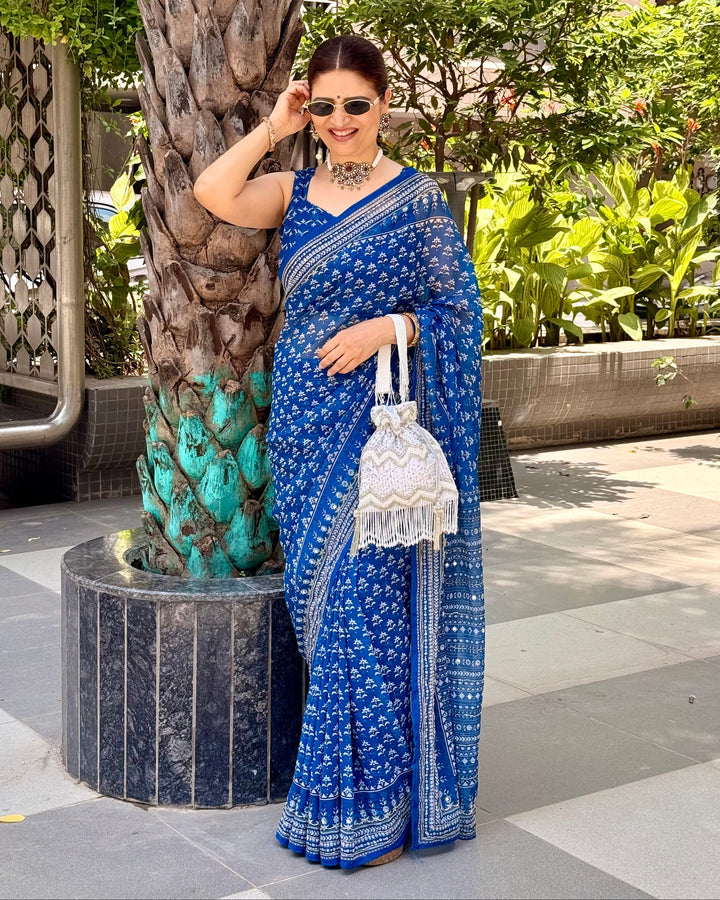 Steel Blue Modal Silk Saree with Delicate Floral Butti Prints, Traditional Heritage Border &amp; Elegant Designer Pallu
