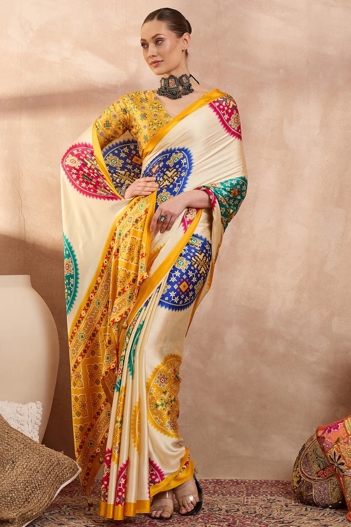 Ivory Cream Modal Silk Saree with Patola-Inspired Multicolor Print &amp; Mustard Designer Pallu | Festive &amp; Traditional Wear Saree