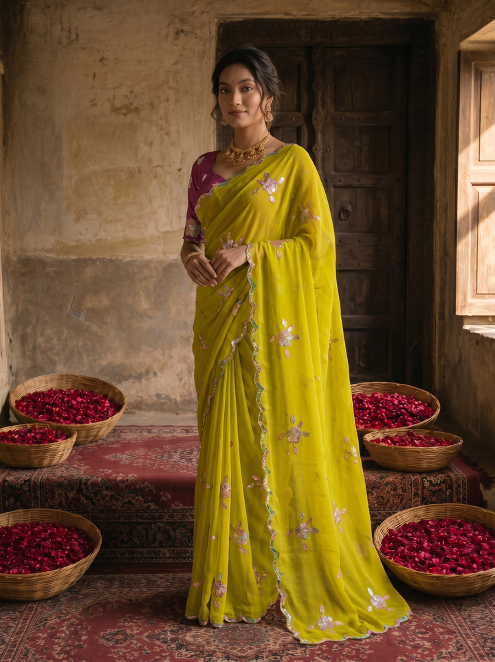 Lime Yellow Georgette Embroidered Saree with Floral Sequin Work &amp; Contrast Magenta Blouse