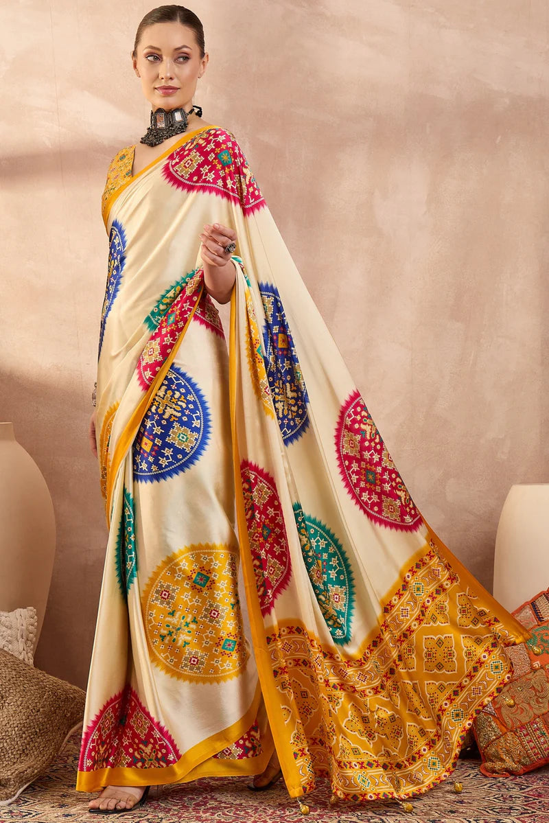 Ivory Cream Modal Silk Saree with Patola-Inspired Multicolor Print &amp; Mustard Designer Pallu | Festive &amp; Traditional Wear Saree