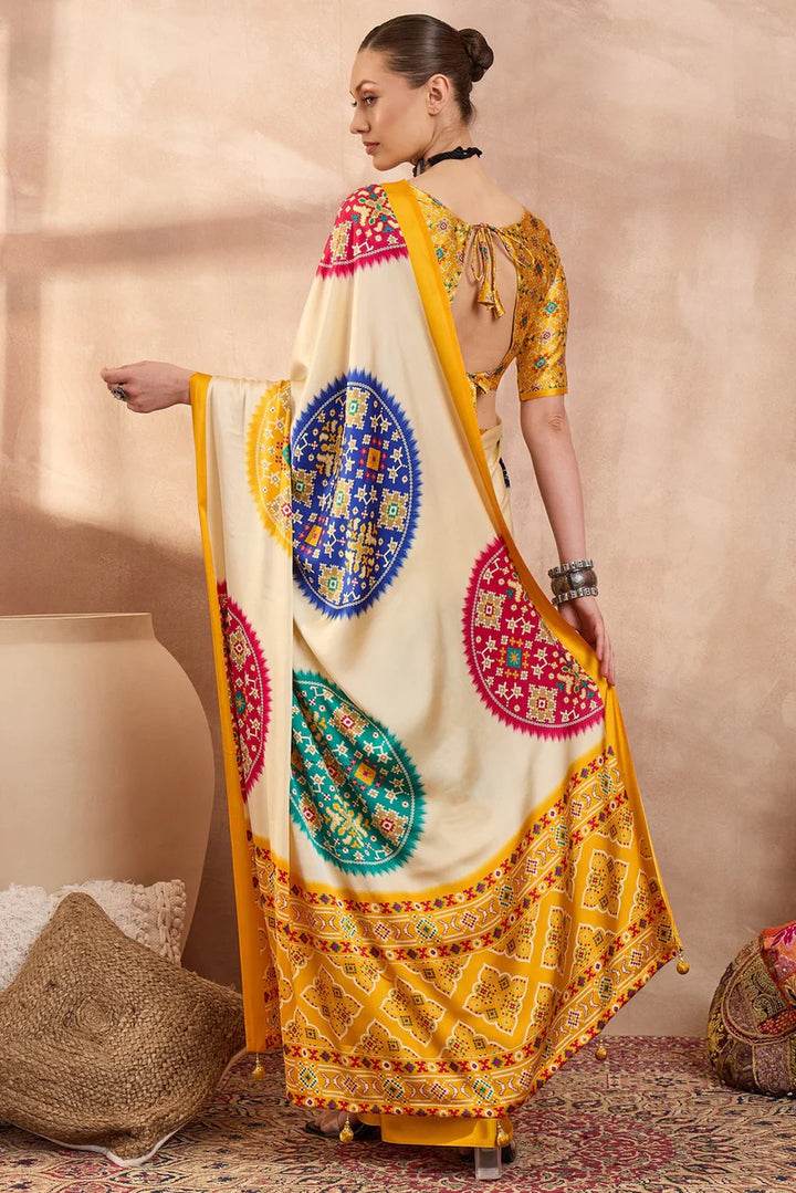 Ivory Cream Modal Silk Saree with Patola-Inspired Multicolor Print &amp; Mustard Designer Pallu | Festive &amp; Traditional Wear Saree