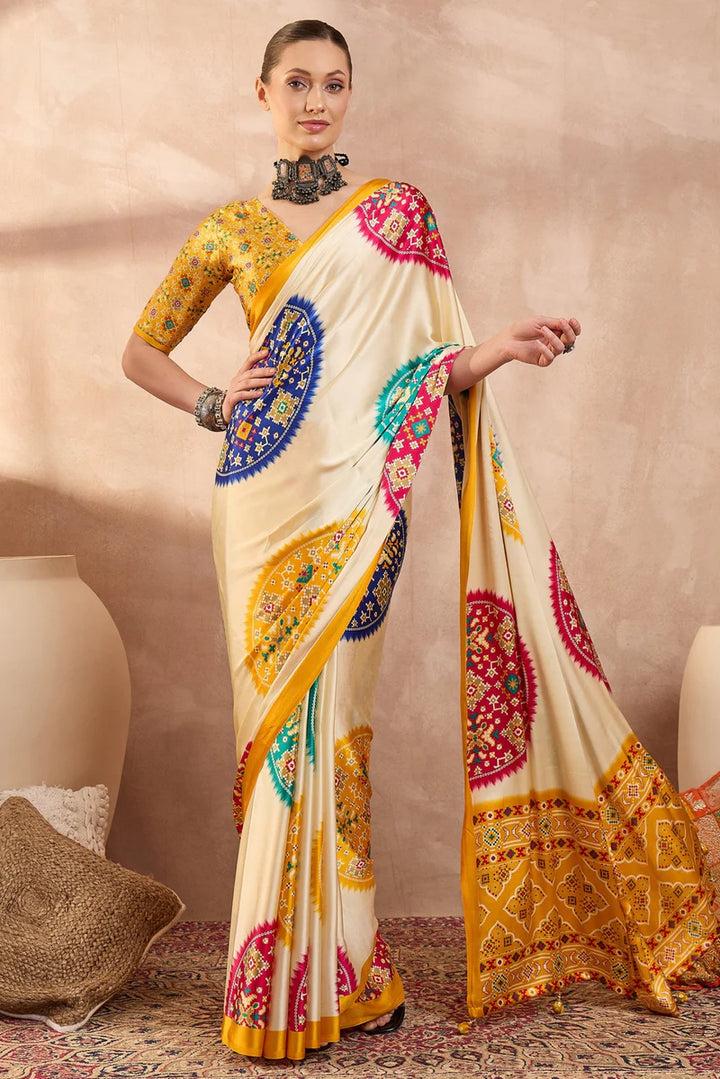 Ivory Cream Modal Silk Saree with Patola-Inspired Multicolor Print &amp; Mustard Designer Pallu | Festive &amp; Traditional Wear Saree