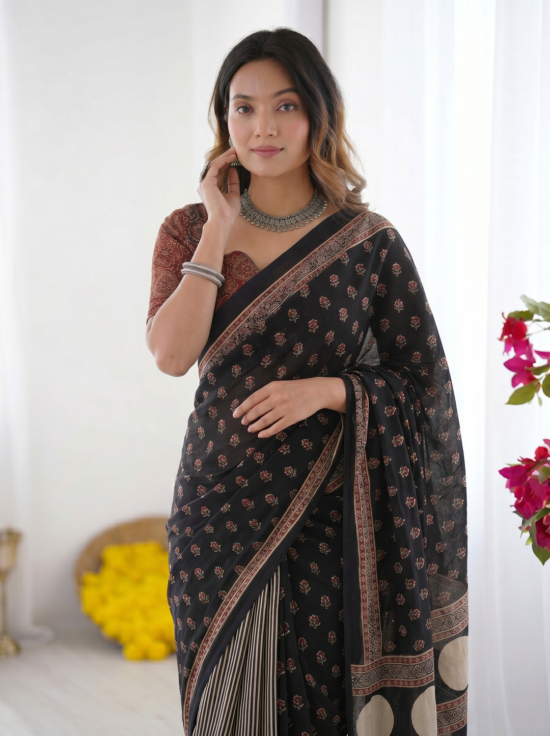 Black Modal Silk Saree with Floral Butti Prints, Striped Pleats &amp; Statement Geometric Designer Pallu