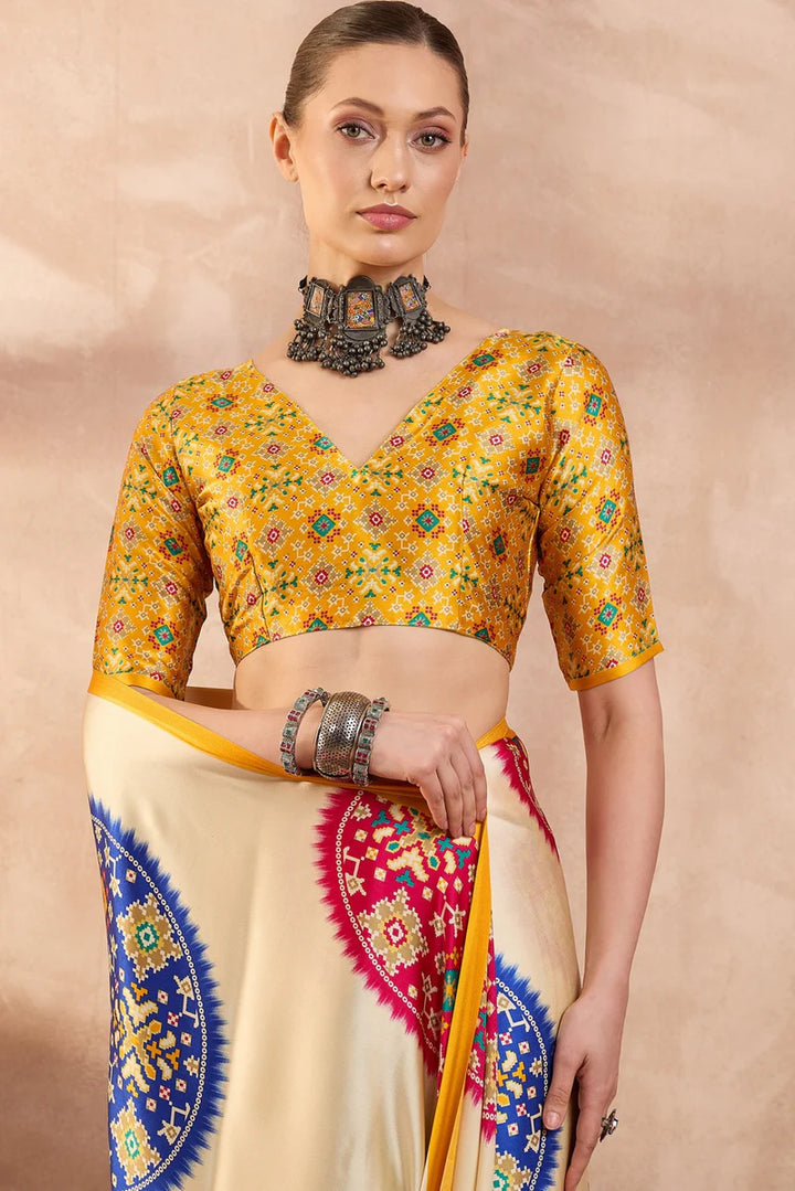 Ivory Cream Modal Silk Saree with Patola-Inspired Multicolor Print &amp; Mustard Designer Pallu | Festive &amp; Traditional Wear Saree