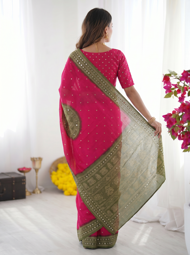 Rani Pink &amp; Olive Green Bandhani Inspired Modal Silk Saree with Traditional Folk Print Pallu &amp; Stone Embellishments