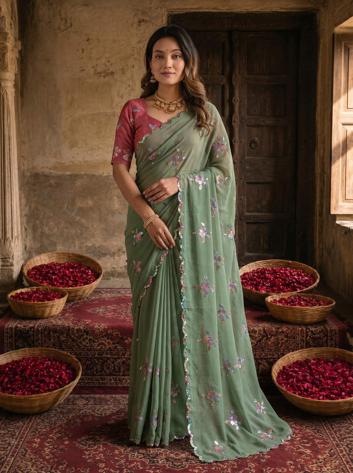 Sage Green Georgette Embroidered Saree with Floral Sequin Work &amp; Designer Blouse
