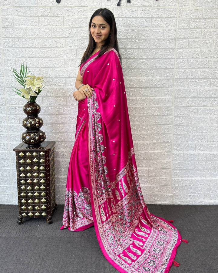 Rani Pink Modal Silk Saree with Heritage Paisley Pallu, Intricate Ethnic Border &amp; Designer Traditional Print