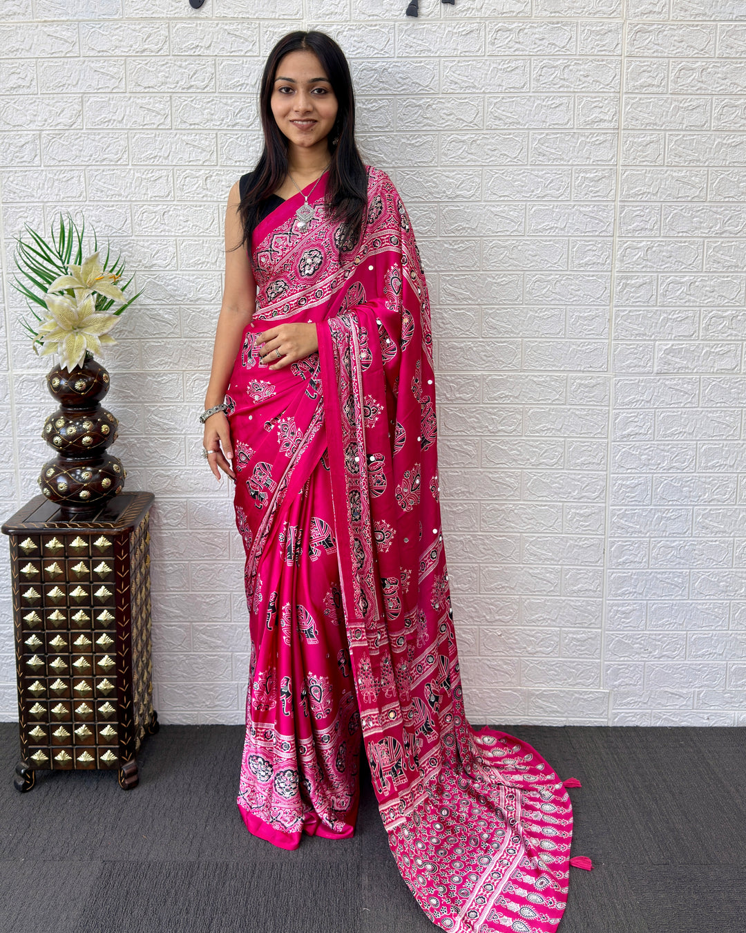 Rani Pink Modal Silk Saree with Elephant Motif Ajrakh Print &amp; Designer Pallu | Festive Ethnic Wear Saree