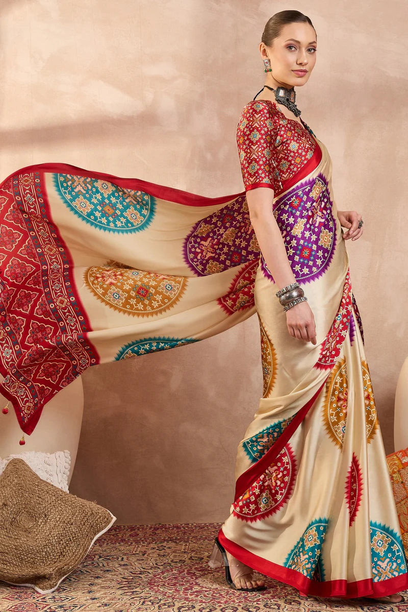 Cream Modal Silk Saree with Multicolor Patola-Inspired Print &amp; Ruby Red Border | Designer Festive Wear Saree