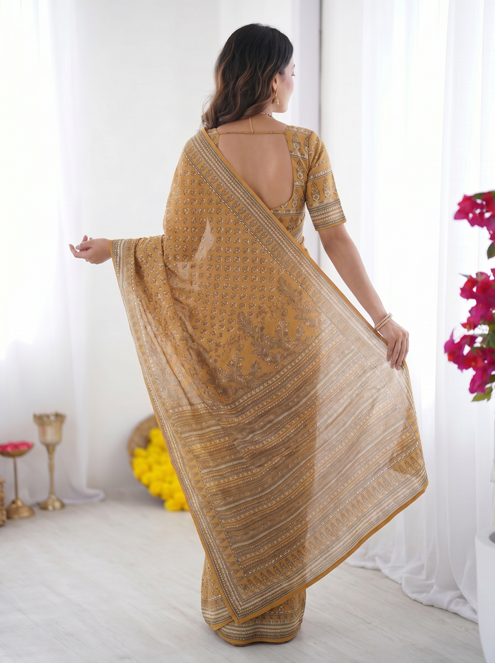 Mustard Yellow Modal Silk Saree with Traditional Floral Butti Prints, Heritage Border &amp; Elegant Designer Pallu