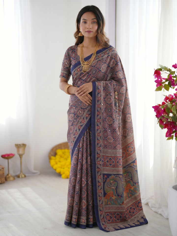 Royal Blue Modal Silk Saree with Intricate Ajrakh-Inspired Geometric Prints, Peacock Artistic Pallu &amp; Traditional Border