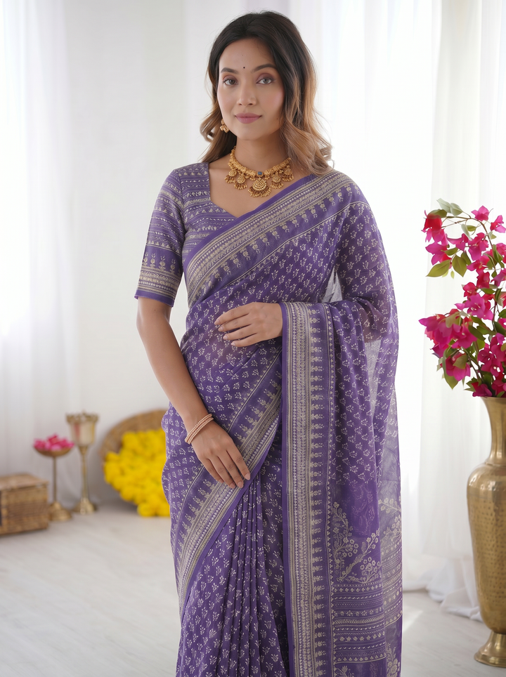 Royal Purple Modal Silk Saree with Delicate Floral Butti Prints, Traditional Woven Border &amp; Heritage Designer Pallu