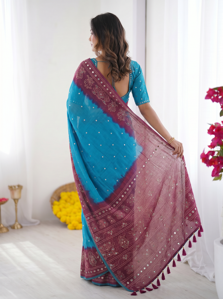 Sky Blue &amp; Wine Purple Bandhani Printed Cotton Silk Saree with Traditional Folk Border &amp; Tassel Pallu