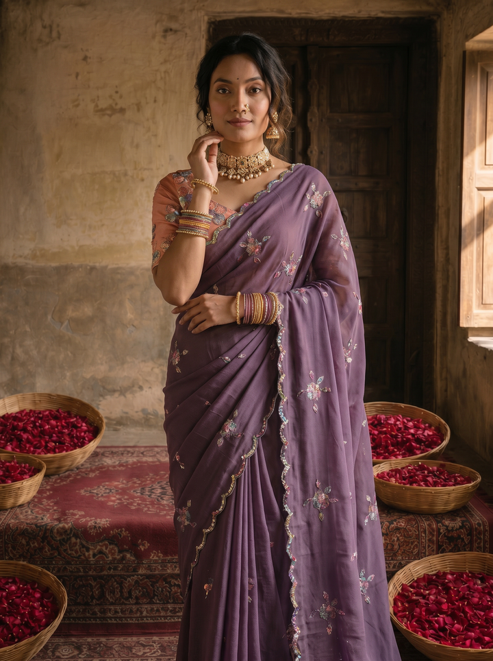 Dusty Lavender Georgette Embroidered Saree with Floral Sequin Work &amp; Peach Designer Blouse