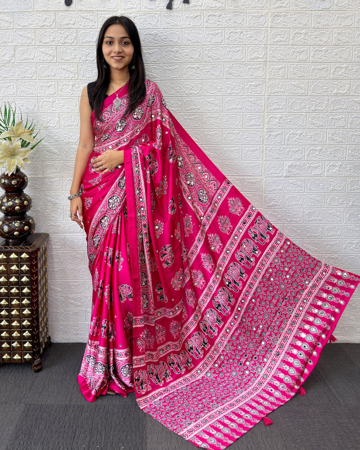 Rani Pink Modal Silk Saree with Elephant Motif Ajrakh Print &amp; Designer Pallu | Festive Ethnic Wear Saree