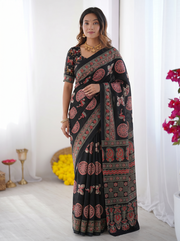 Black Modal Silk Saree with Traditional Ajrakh-Inspired Circular Motif Print &amp; Designer Pallu | Festive &amp; Ethnic Wear Saree