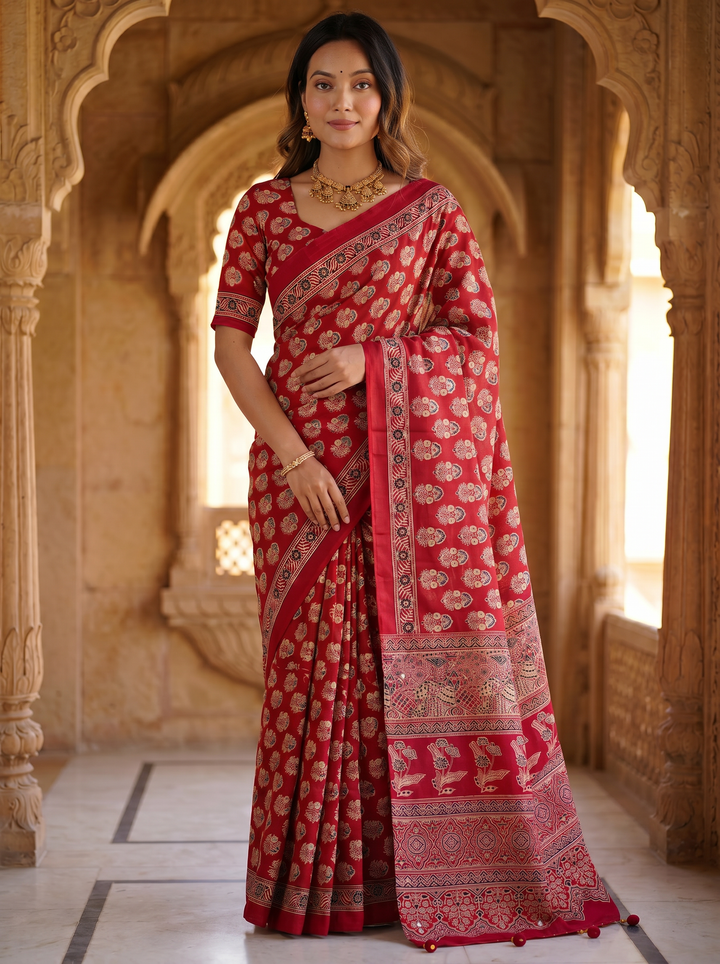 Royal Crimson Red Pure Modal Silk Saree with Heritage Floral Buti Print &amp; Traditional Designer Pallu