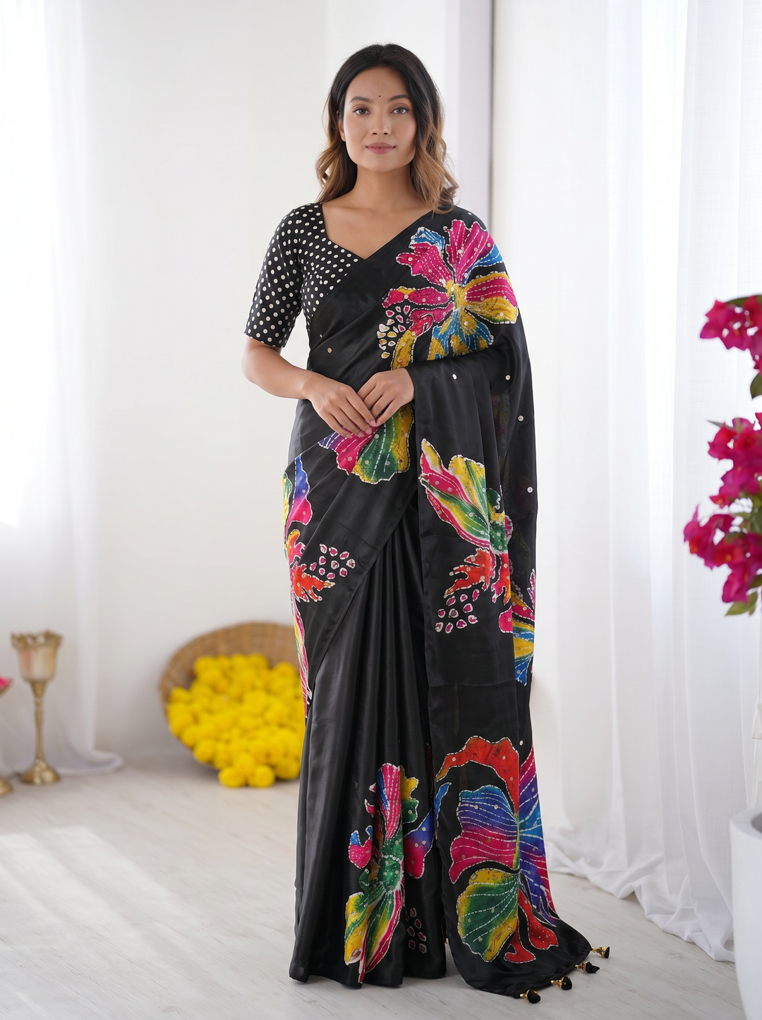 Black Modal Silk Saree with Multicolor Floral Art Print, Handcrafted-Inspired Design &amp; Designer Tassel Pallu