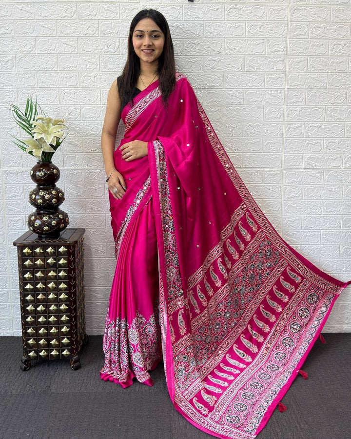 Rani Pink Modal Silk Saree with Heritage Paisley Pallu, Intricate Ethnic Border &amp; Designer Traditional Print