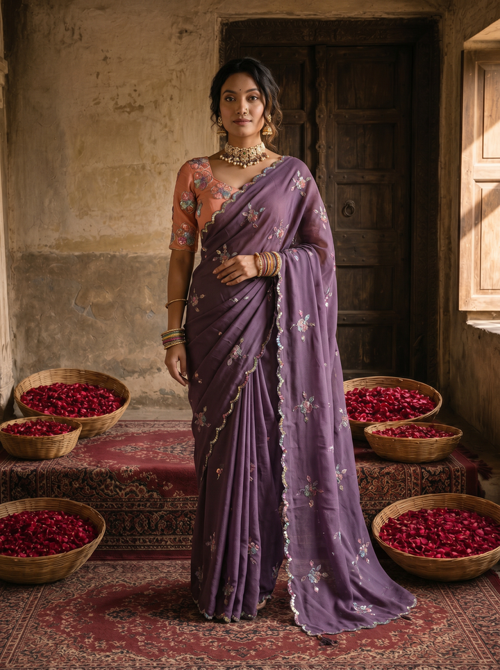 Dusty Lavender Georgette Embroidered Saree with Floral Sequin Work &amp; Peach Designer Blouse