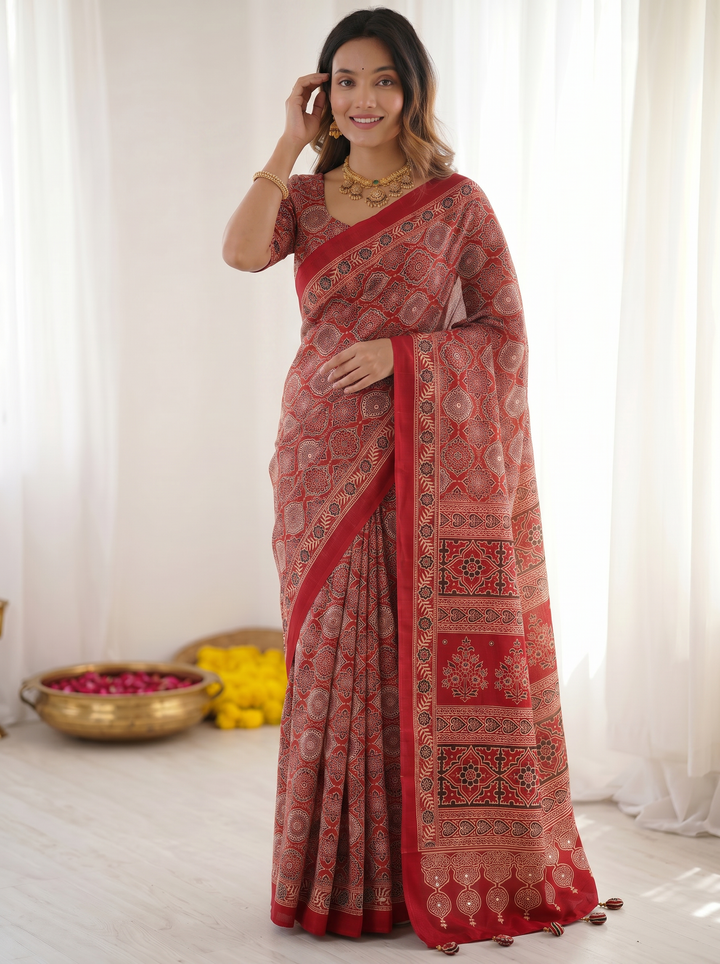Ruby Red Pure Modal Silk Saree with Heritage Ajrakh Inspired Print &amp; Traditional Designer Pallu