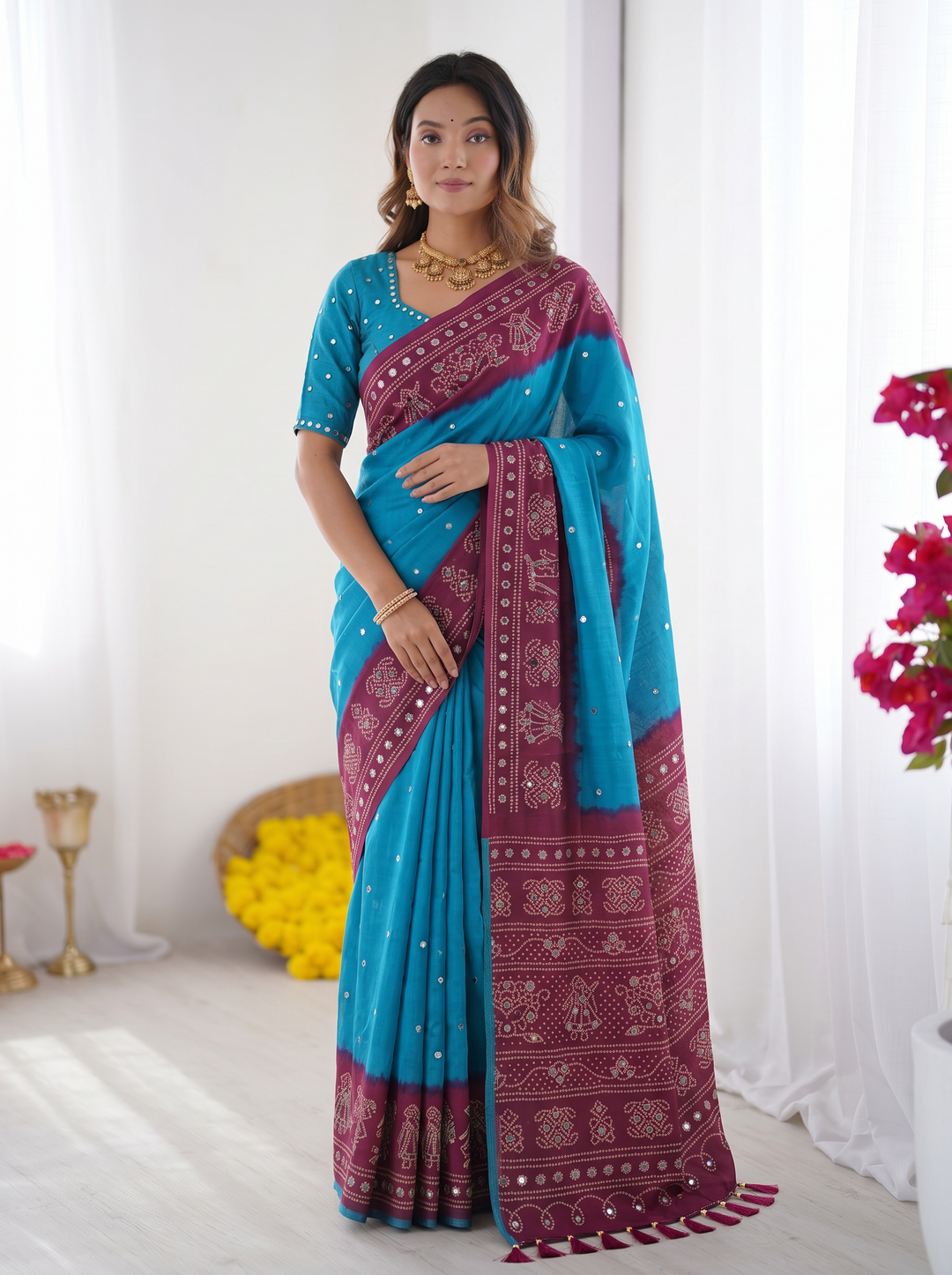 Sky Blue &amp; Wine Purple Bandhani Printed Cotton Silk Saree with Traditional Folk Border &amp; Tassel Pallu