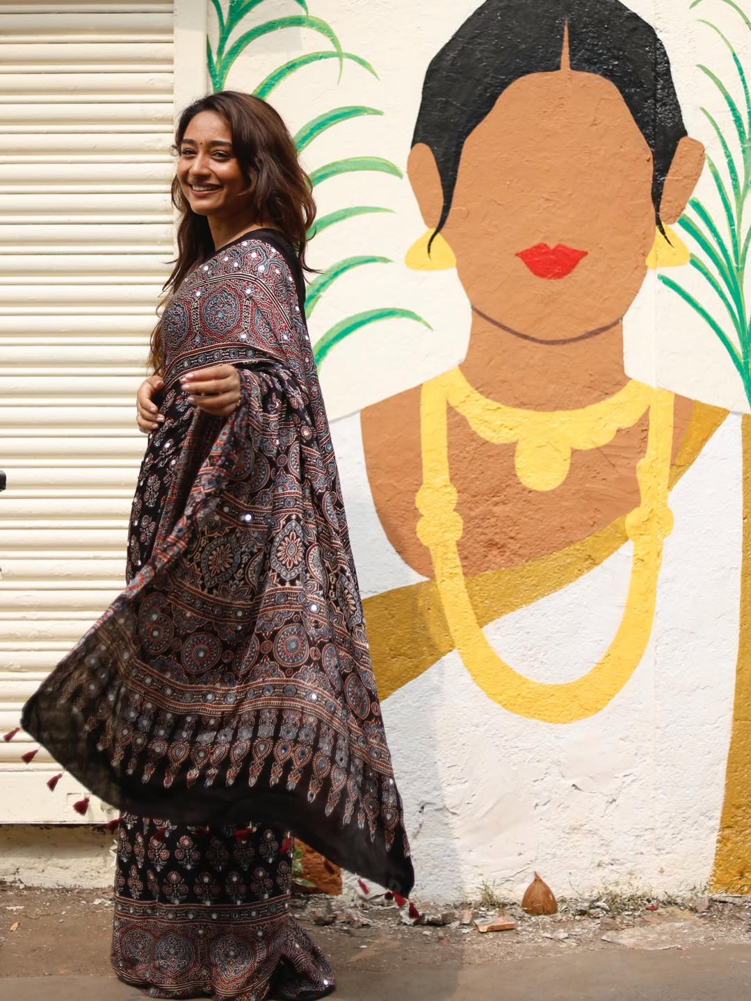 Black Ajrakh Printed Modal Silk Saree with Tassels &amp; Attached Blouse | Traditional Ethnic &amp; Festive Wear Saree