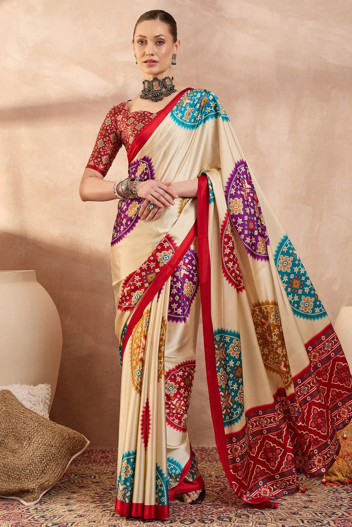 Cream Modal Silk Saree with Multicolor Patola-Inspired Print &amp; Ruby Red Border | Designer Festive Wear Saree