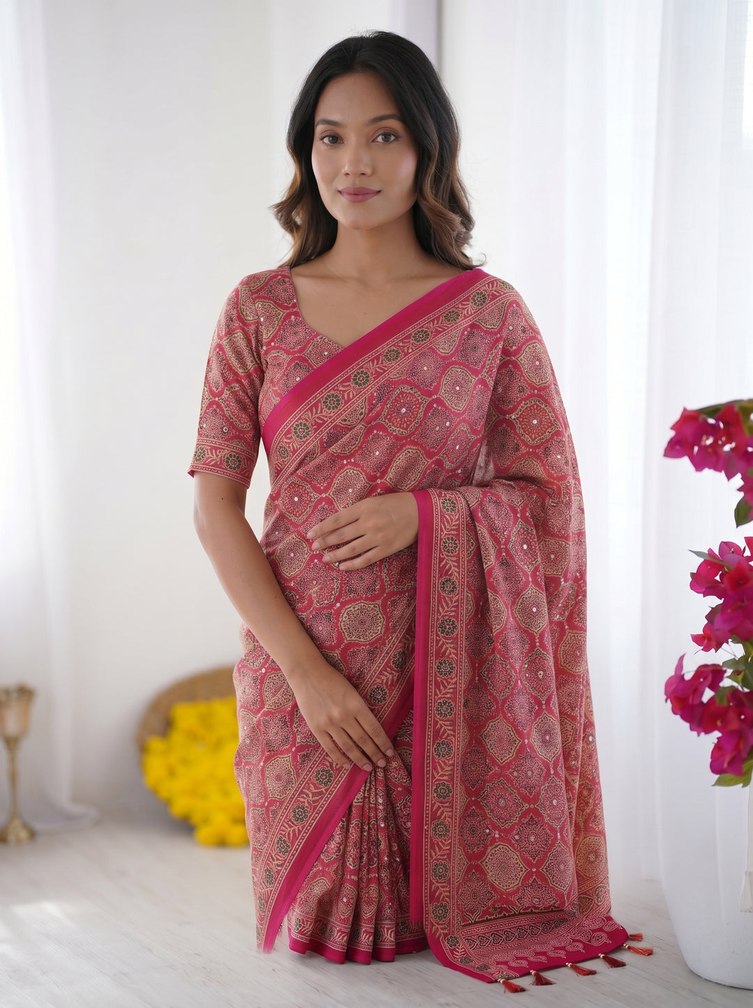 Rose Pink Modal Silk Saree with Heritage Motifs, Intricate All-Over Print &amp; Designer Pallu