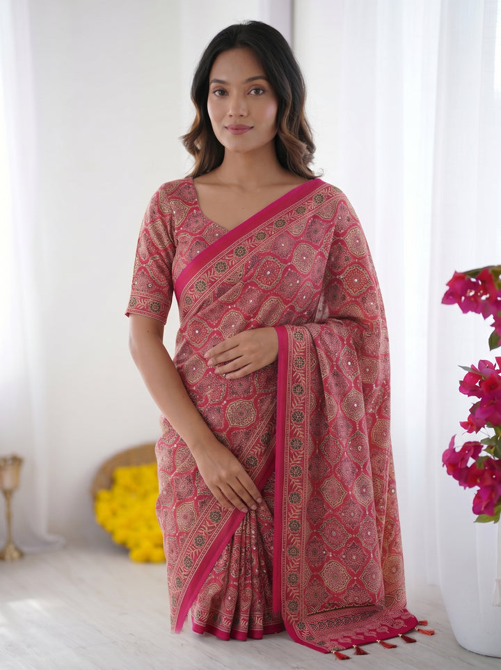 Rose Pink Modal Silk Saree with Heritage Motifs, Intricate All-Over Print &amp; Designer Pallu