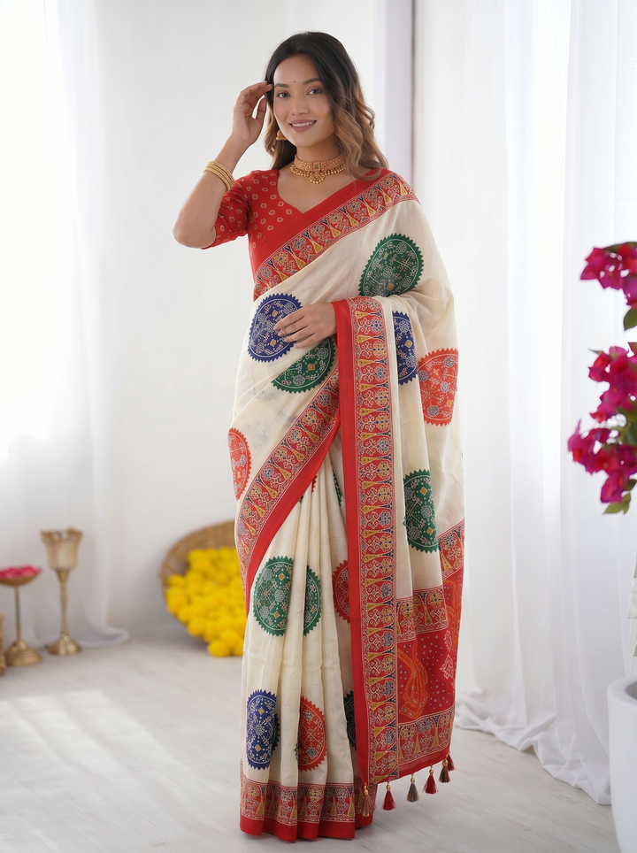 Ivory White &amp; Vermilion Red Pure Modal Silk Saree with Multicolor Mandala Print &amp; Traditional Designer Pallu
