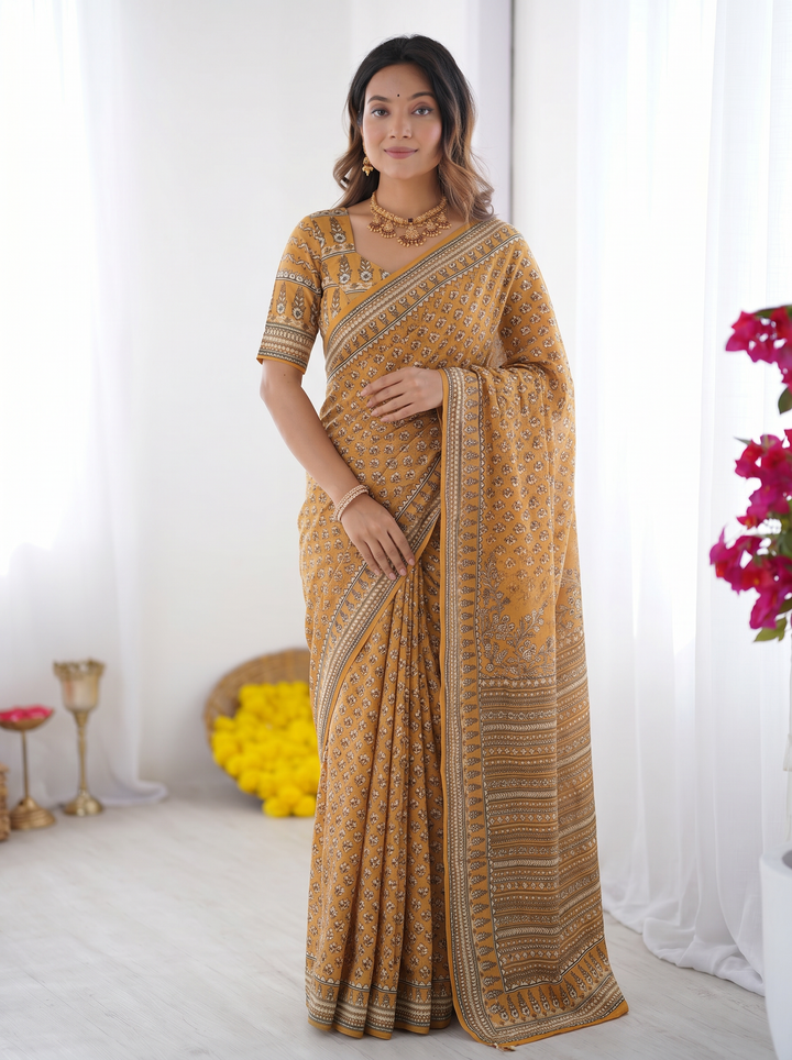 Mustard Yellow Modal Silk Saree with Traditional Floral Butti Prints, Heritage Border &amp; Elegant Designer Pallu