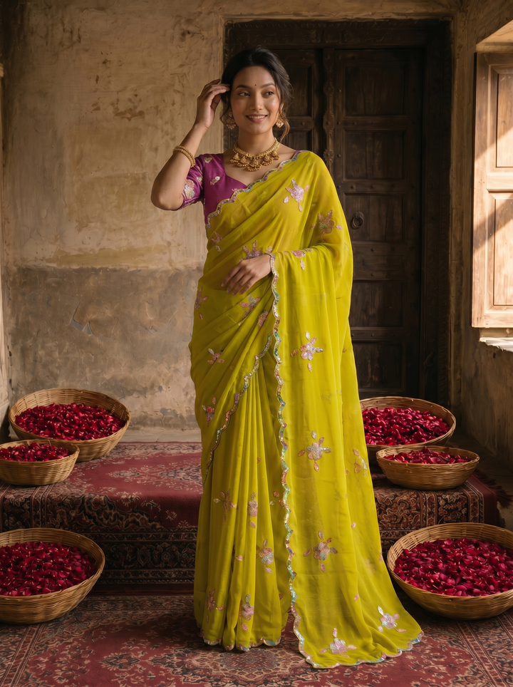 Lime Yellow Georgette Embroidered Saree with Floral Sequin Work &amp; Contrast Magenta Blouse